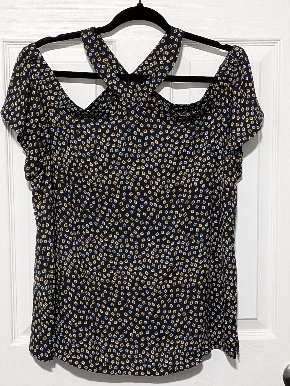 LOFT Black Cold-Shoulder Camisole with Cream and Blue Dot Print